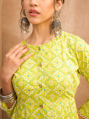 Lime Green Floral Buttonned Pocket Kurta With Straight Pants -Shae by SASSAFRAS