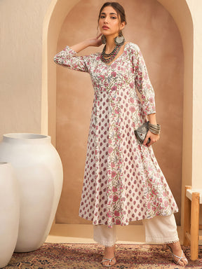 Women White Floral Anarkali Kurta With Straight Pants