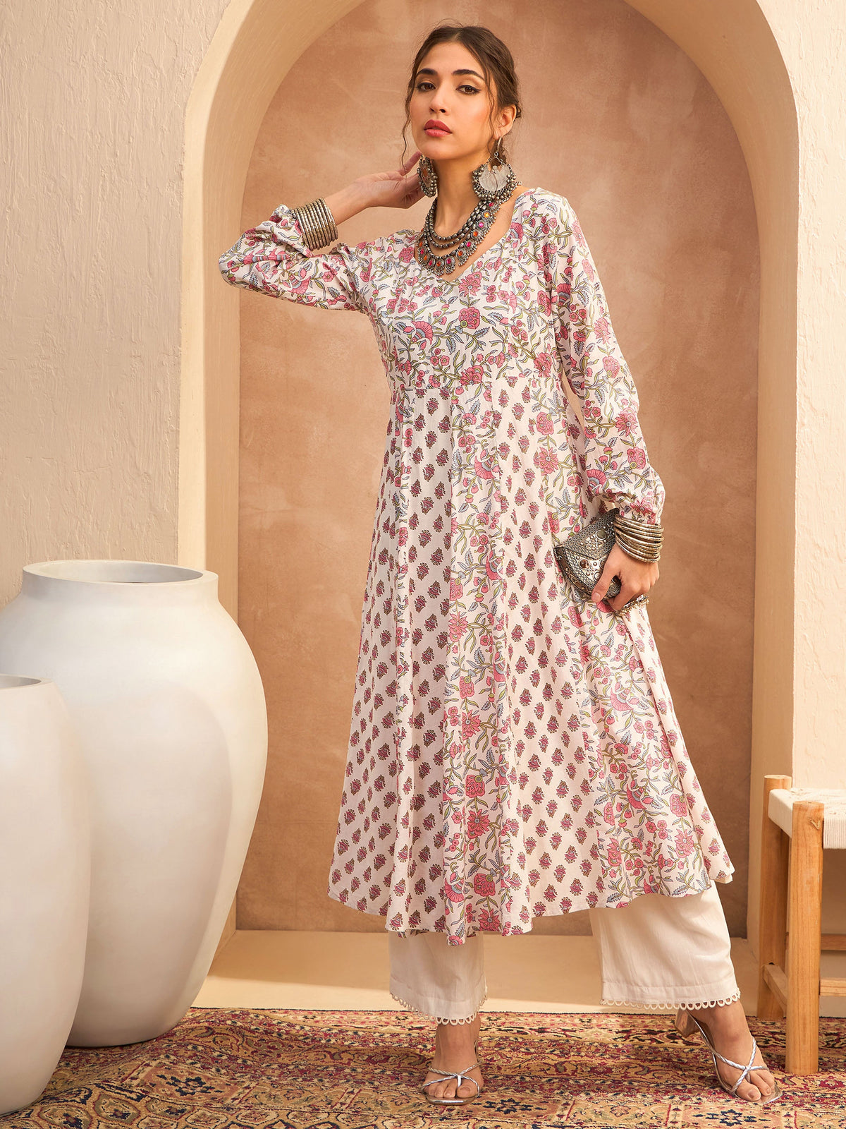 White Floral Anarkali Kurta With Straight Pants -Shae by SASSAFRAS