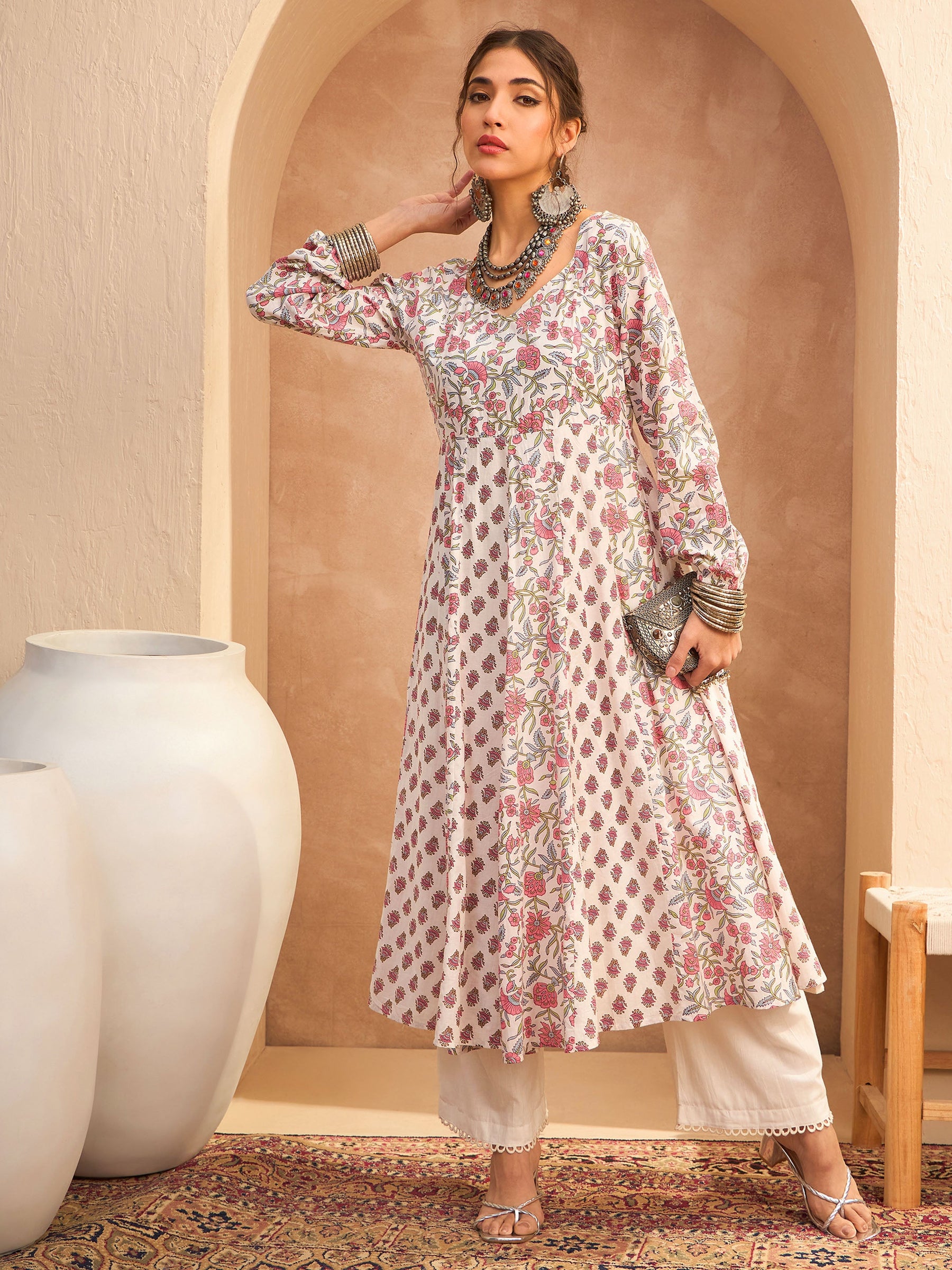 White Floral Anarkali Kurta With Straight Pants -Shae by SASSAFRAS