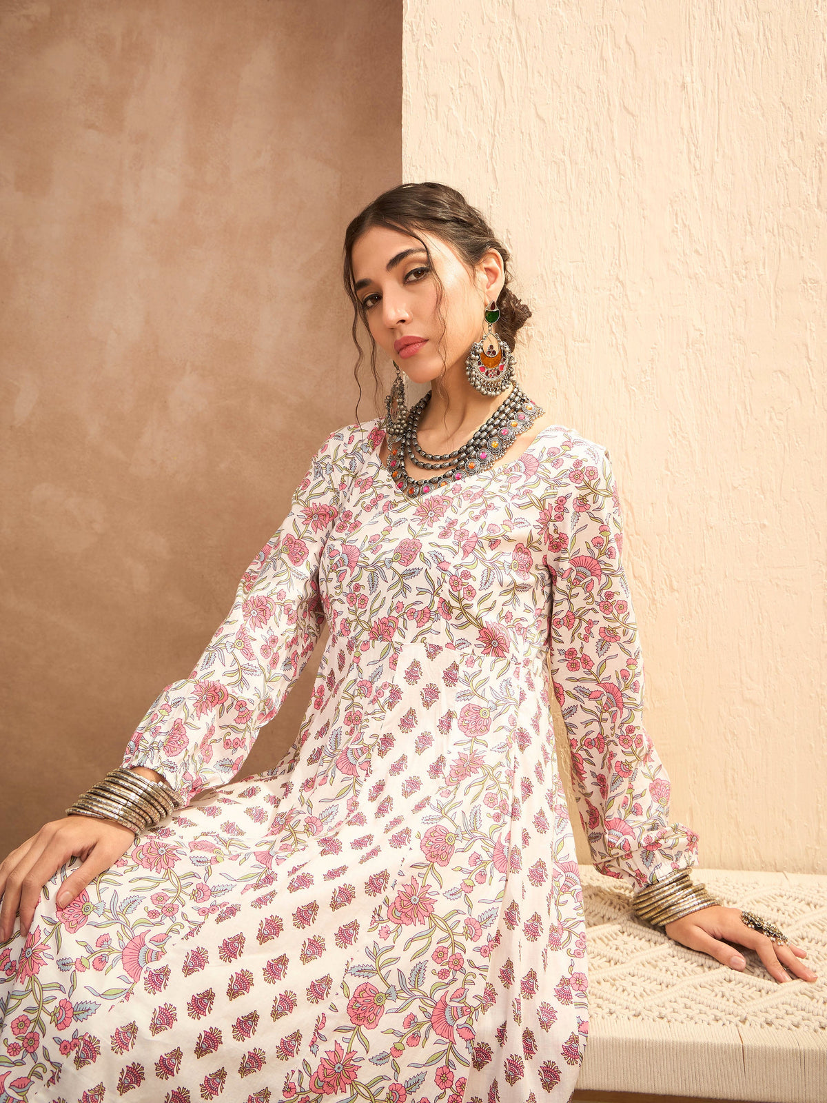 White Floral Anarkali Kurta With Straight Pants -Shae by SASSAFRAS