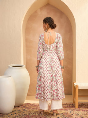 Women White Floral Anarkali Kurta With Straight Pants