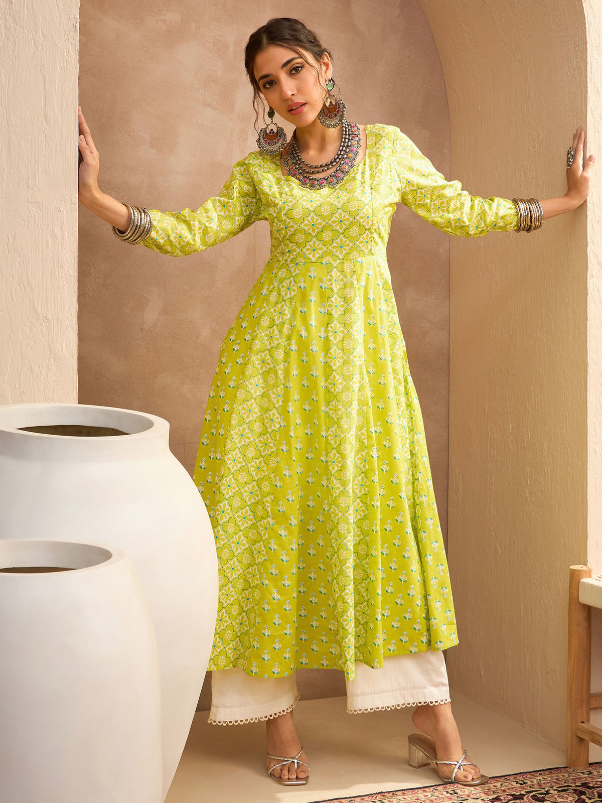 Lime Green Floral Anarkali Kurta With Straight Pants -Shae by SASSAFRAS