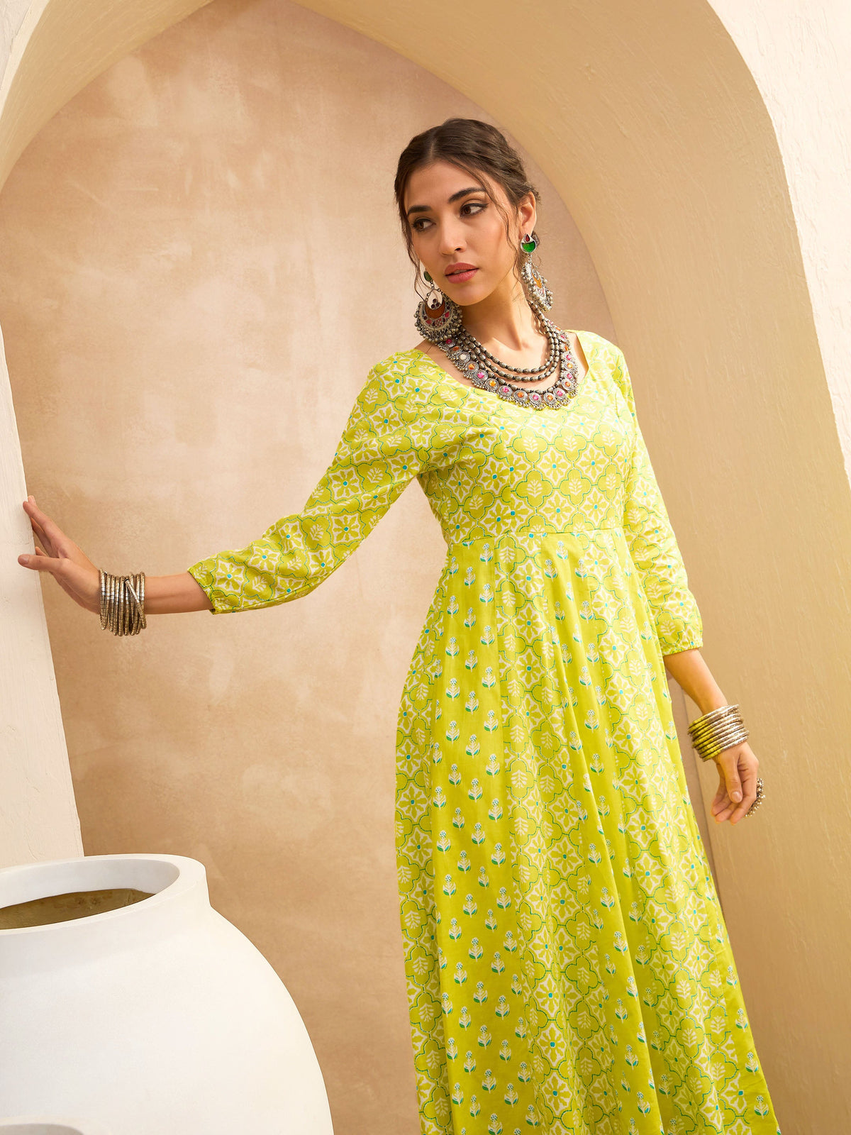 Lime Green Floral Anarkali Kurta With Straight Pants -Shae by SASSAFRAS