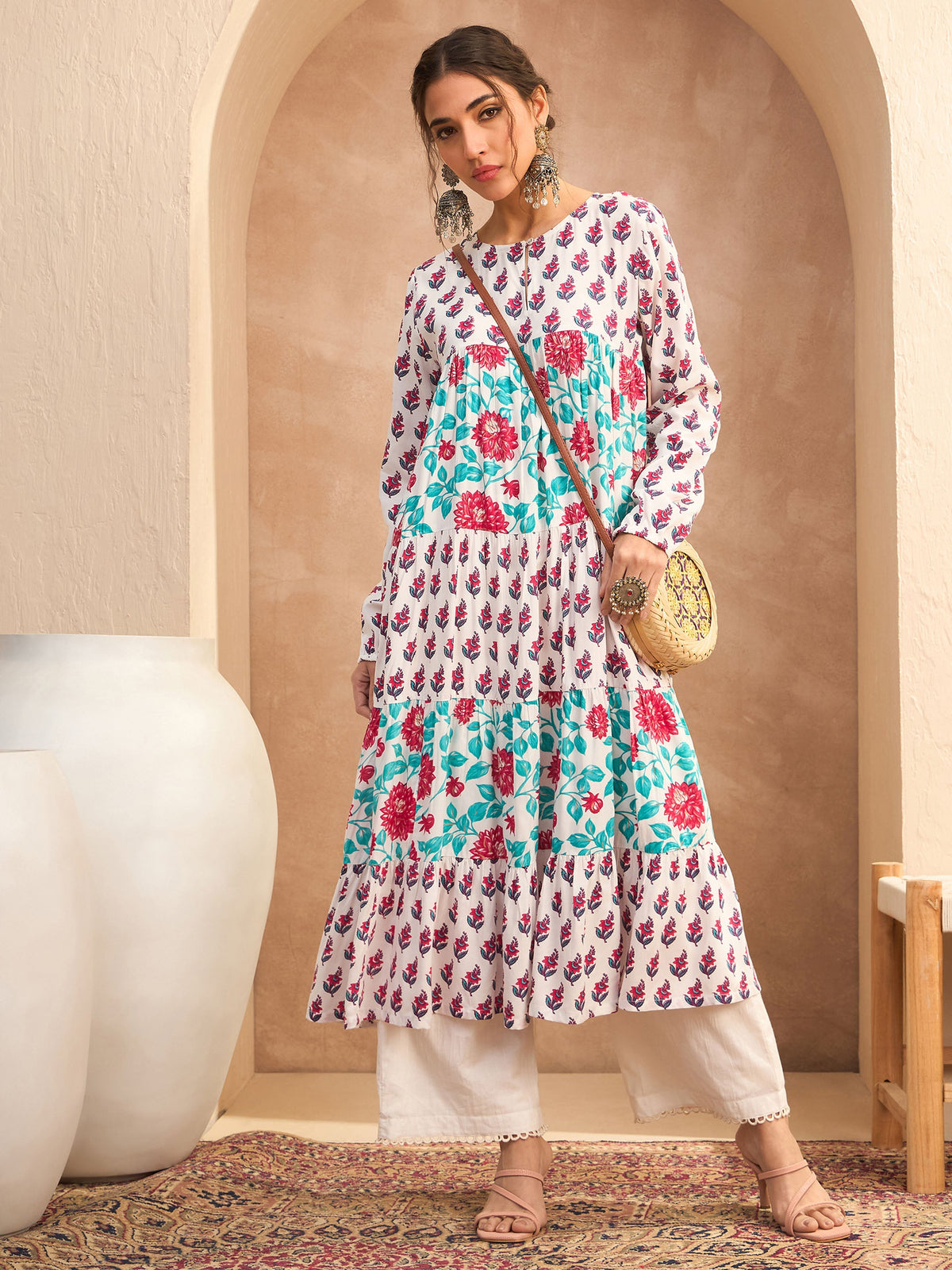 White Floral Tiered Kurta -Shae by SASSAFRAS