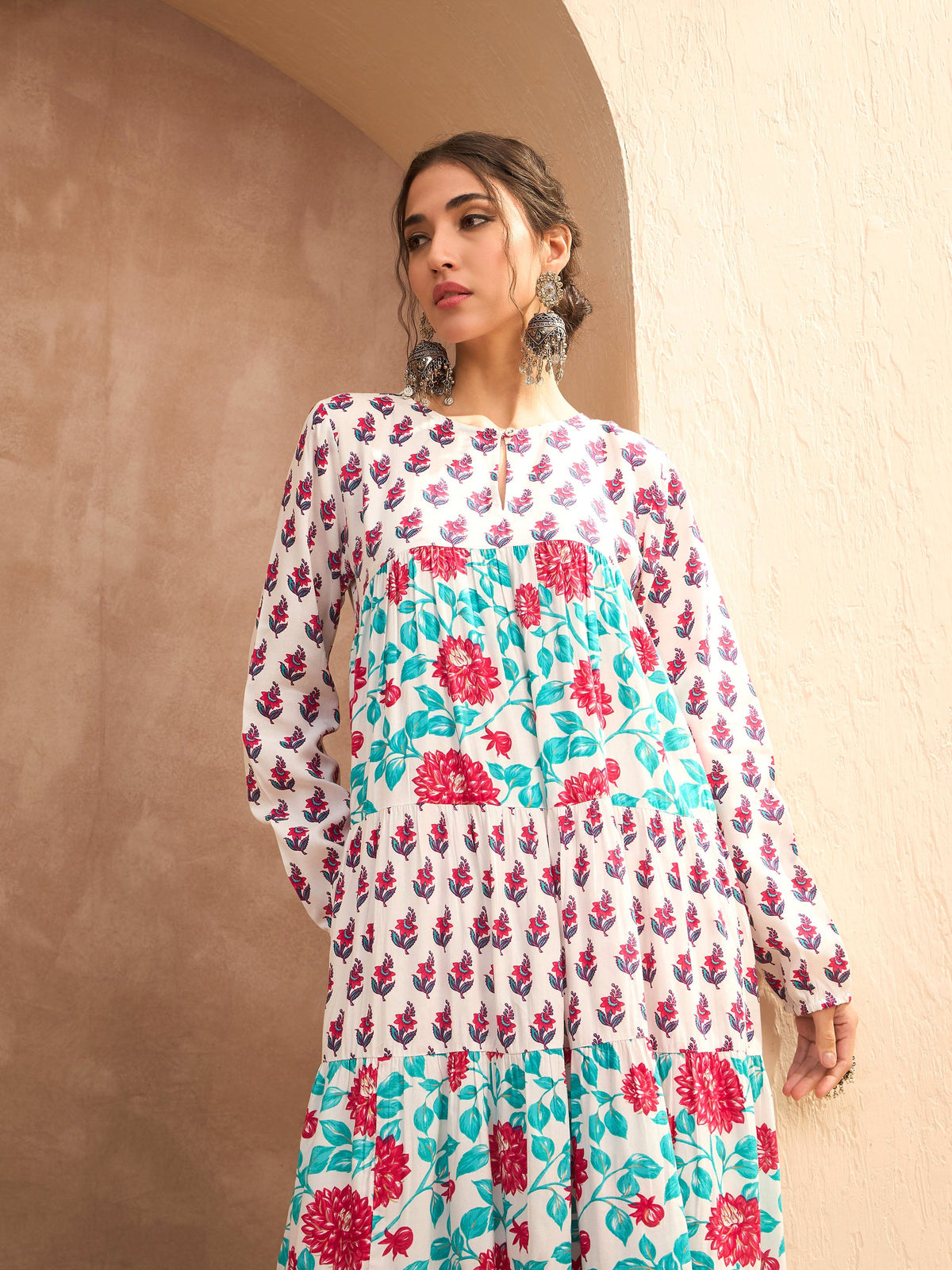 White Floral Tiered Kurta -Shae by SASSAFRAS