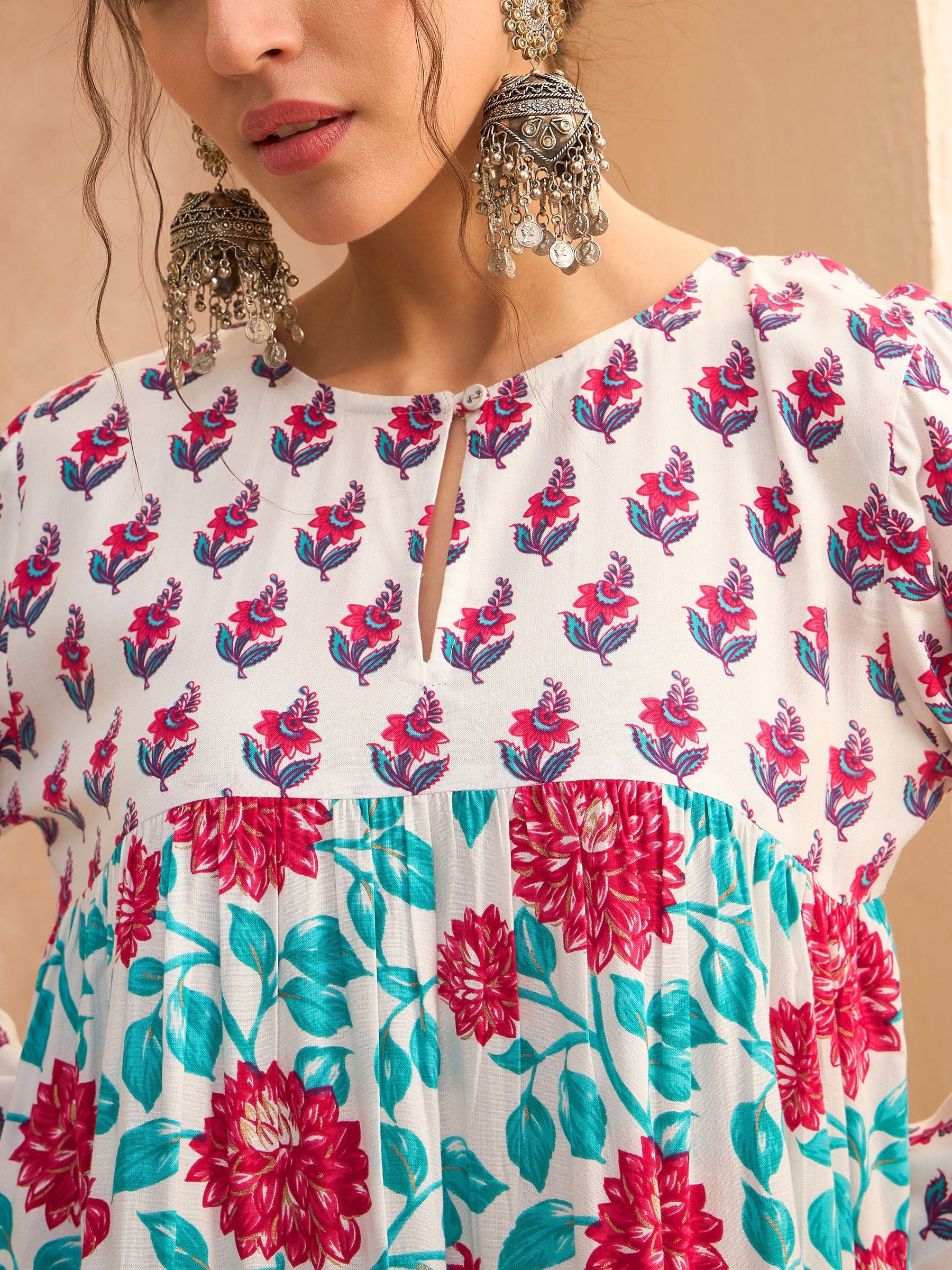 White Floral Tiered Kurta -Shae by SASSAFRAS