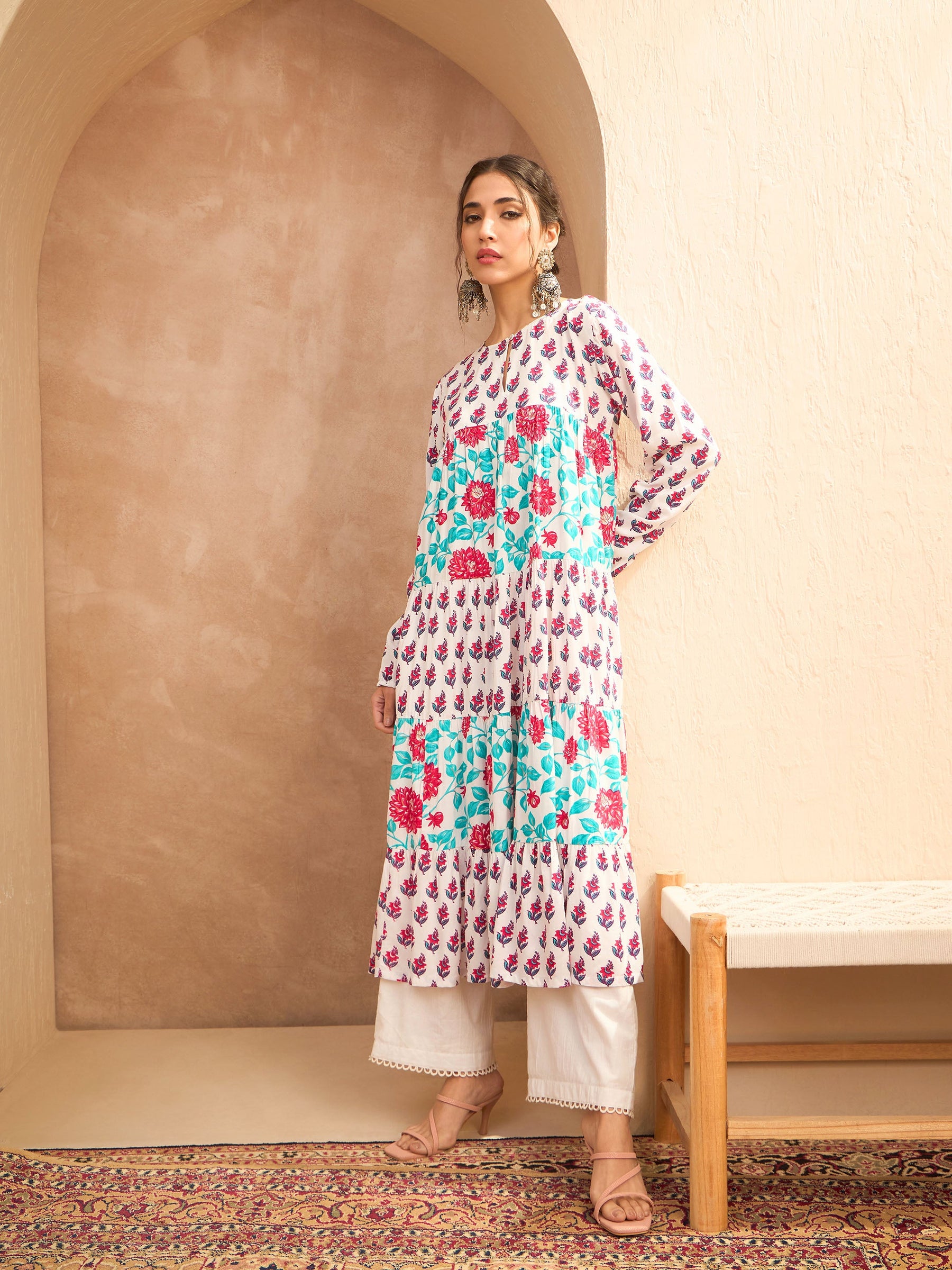 White Floral Tiered Kurta -Shae by SASSAFRAS