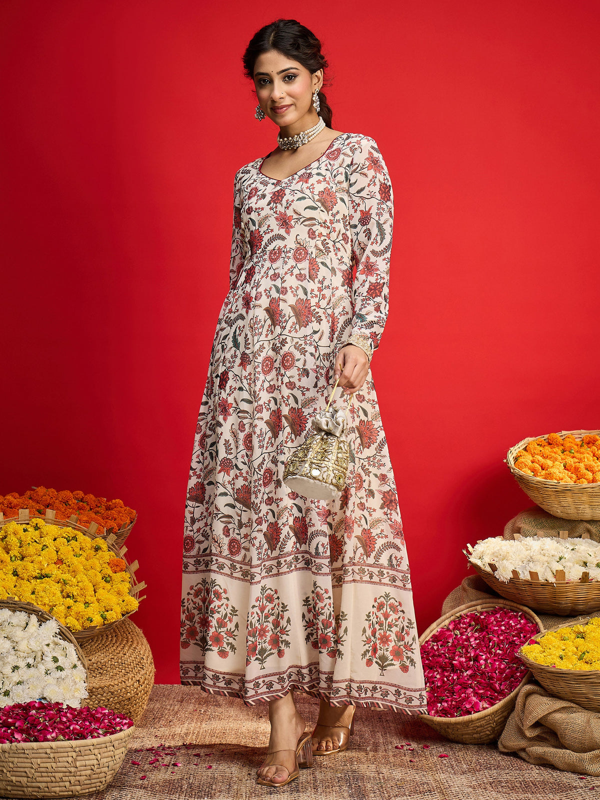 Beige Floral Sweetheart Neck Anarkali Kurta  -Shae by SASSAFRAS