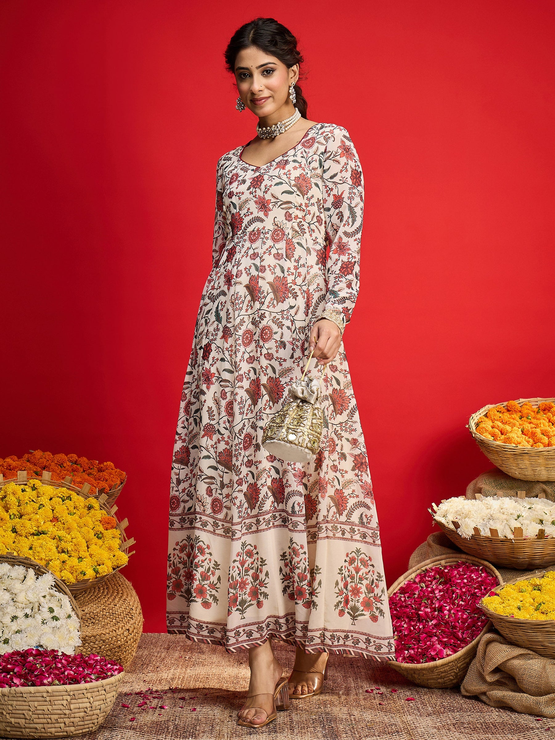 Beige Floral Sweetheart Neck Anarkali Kurta  -Shae by SASSAFRAS