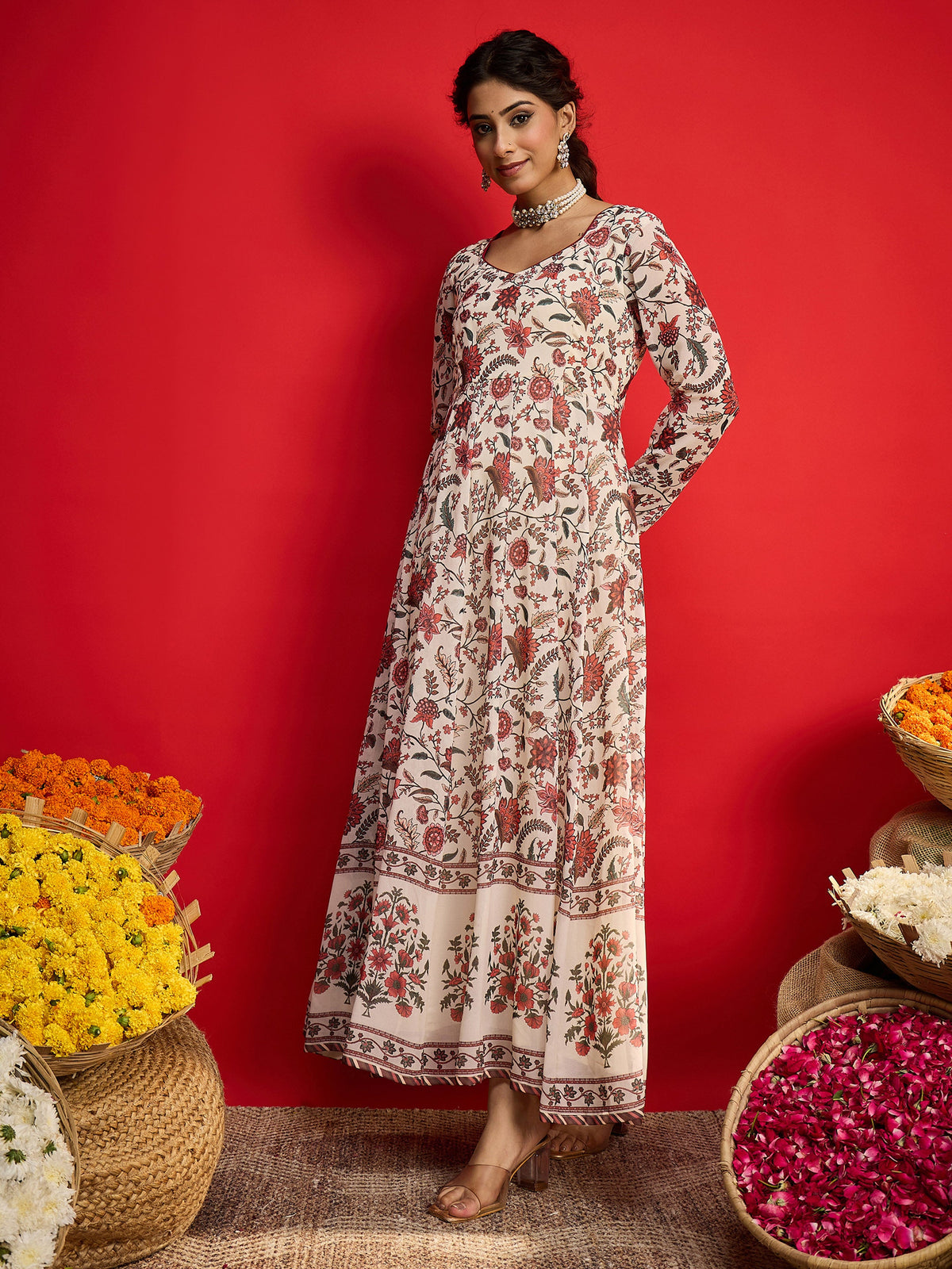 Beige Floral Sweetheart Neck Anarkali Kurta  -Shae by SASSAFRAS