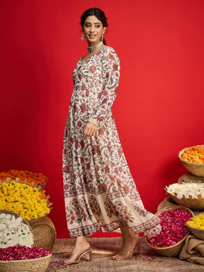 Beige Floral Sweetheart Neck Anarkali Kurta  -Shae by SASSAFRAS