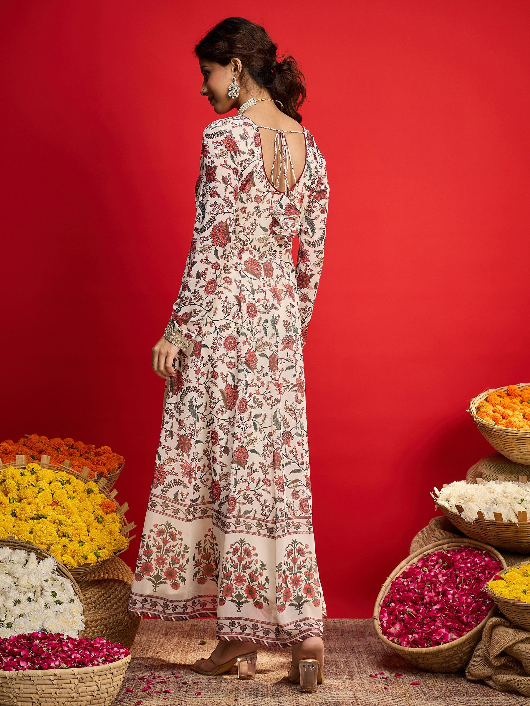 Beige Floral Sweetheart Neck Anarkali Kurta  -Shae by SASSAFRAS