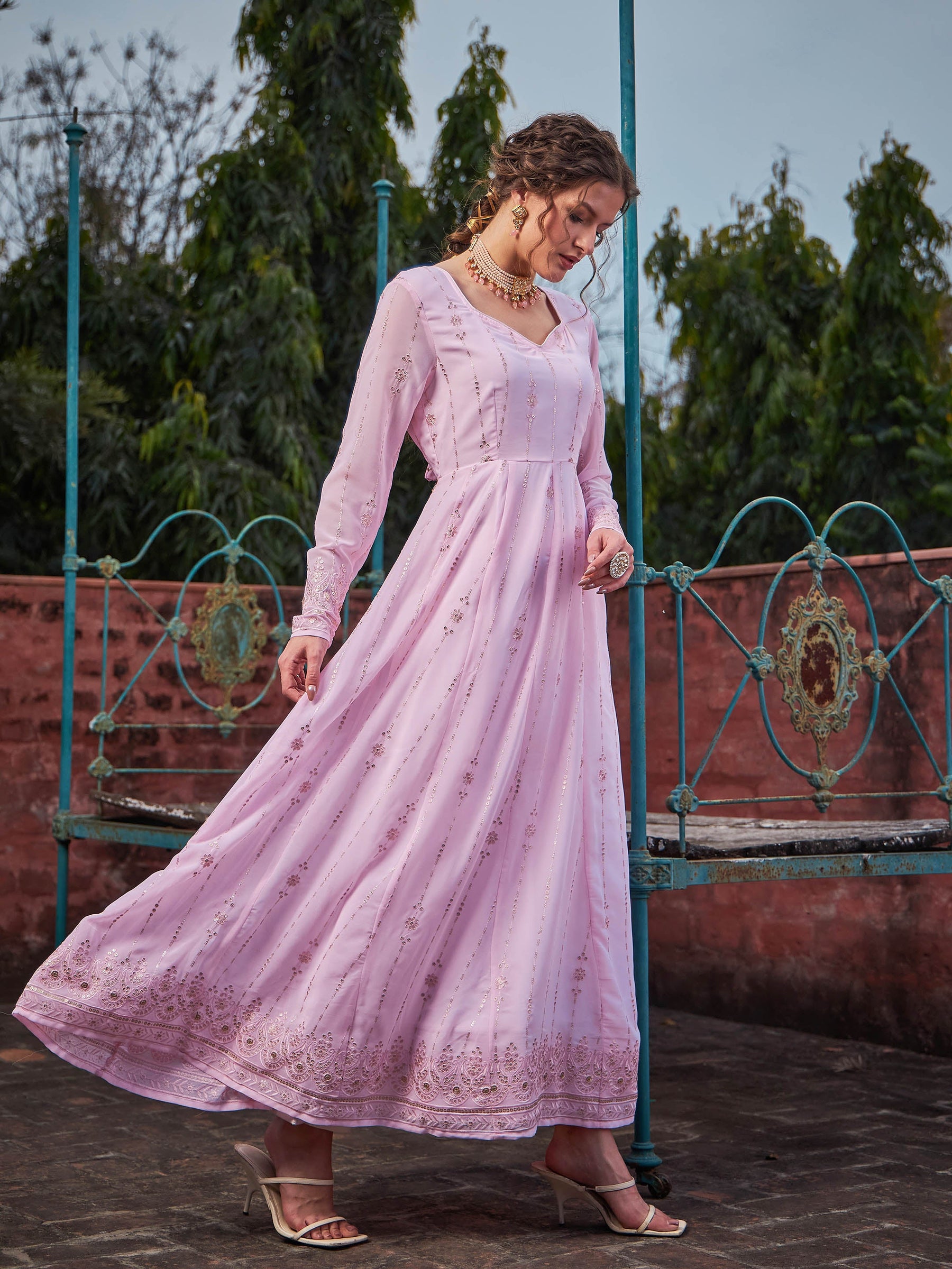 Pastel Pink Sweetheart Neck Anarkali Kurta -Shae by SASSAFRAS