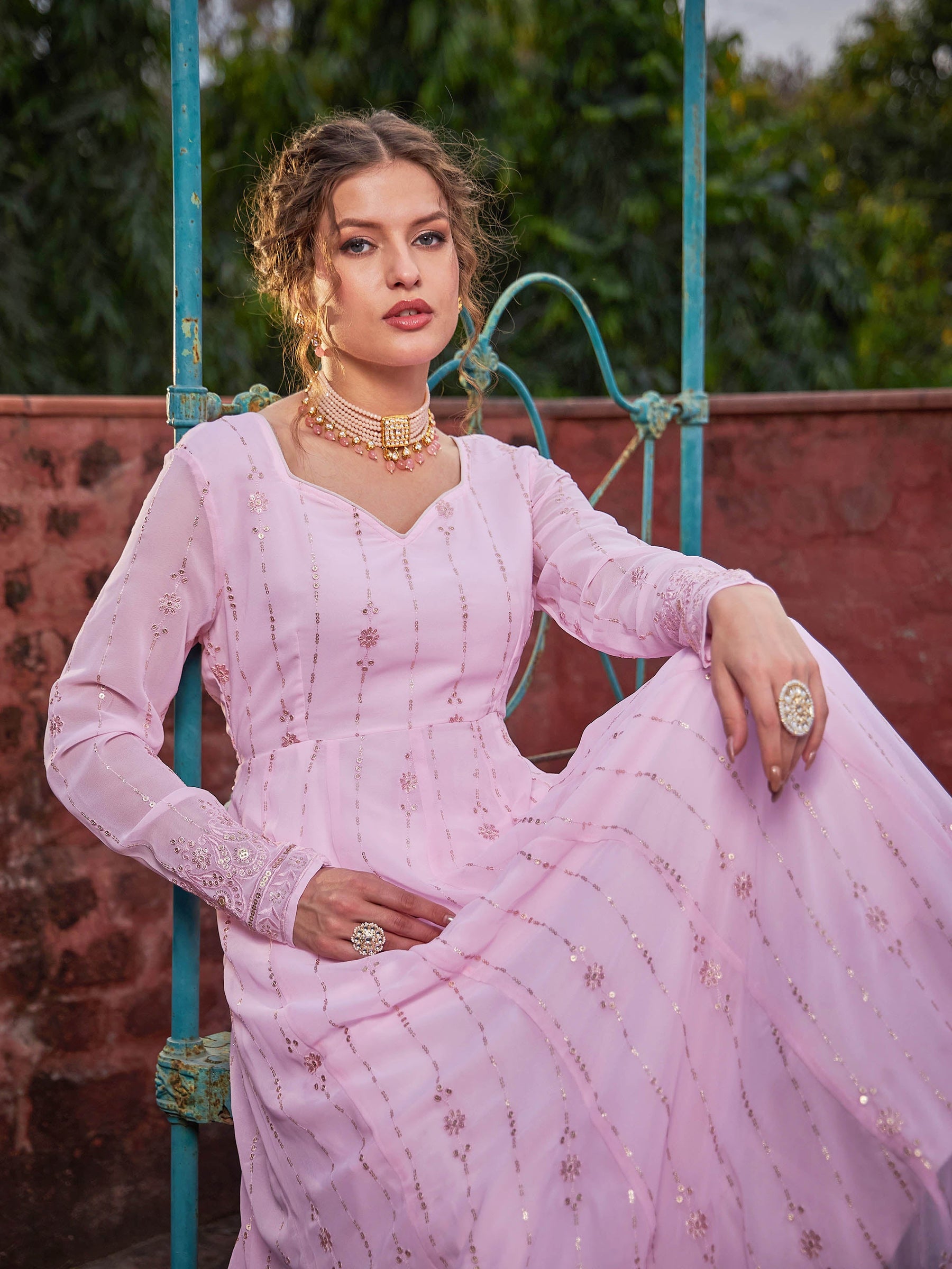 Pastel Pink Sweetheart Neck Anarkali Kurta -Shae by SASSAFRAS
