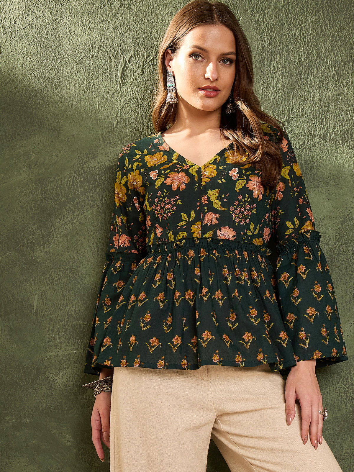 Dark Green Floral V Neck Frill Sleeve Peplum Kurti -Shae by SASSAFRAS