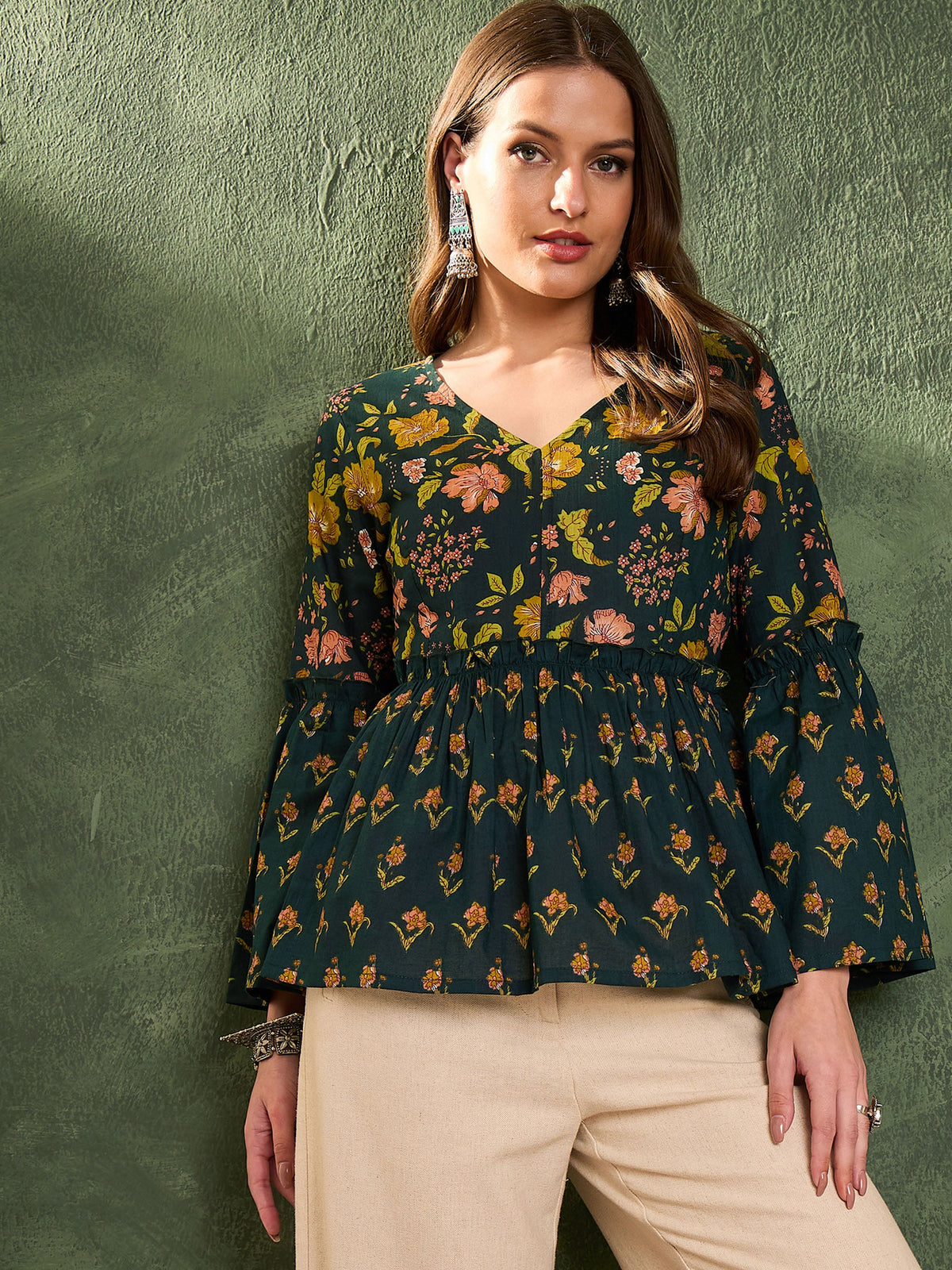Dark Green Floral V Neck Frill Sleeve Peplum Kurti -Shae by SASSAFRAS