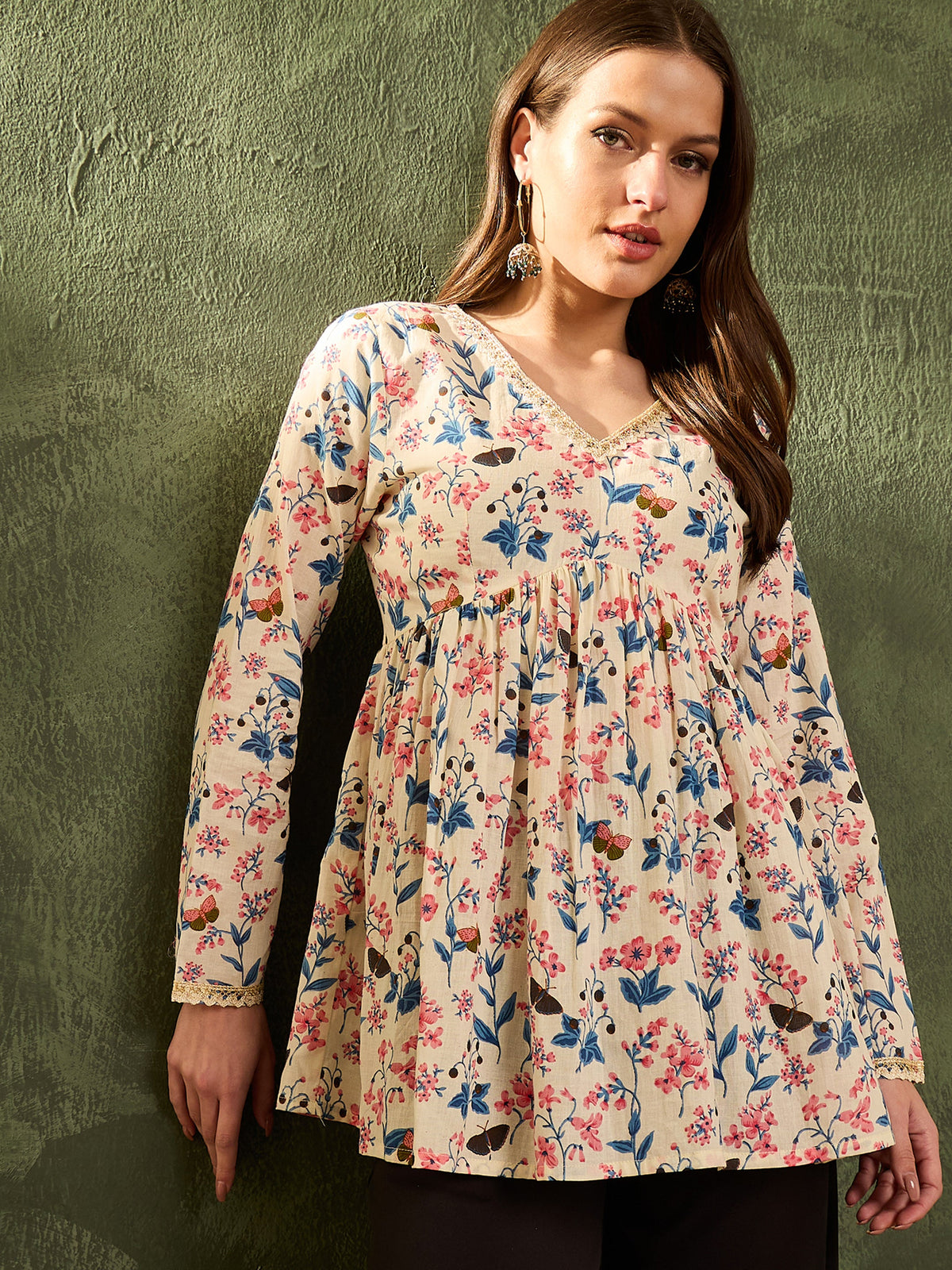 Off White Floral V Neck Full Sleeves Peplum Kurti -Shae by SASSAFRAS