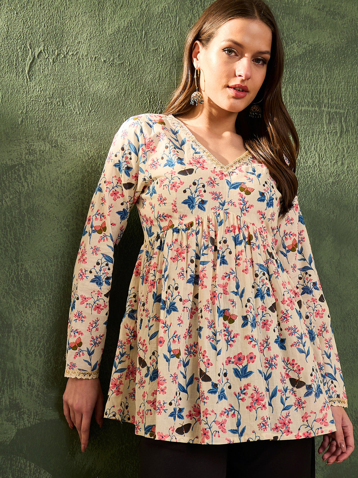 Off White Floral V Neck Full Sleeves Peplum Kurti -Shae by SASSAFRAS