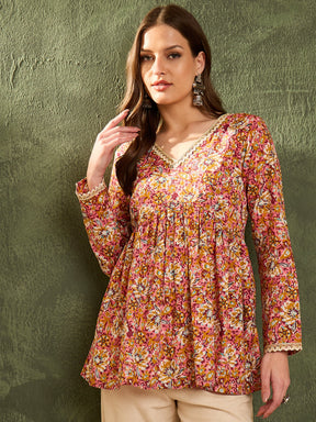 Pink Floral V Neck Full Sleeves Peplum Kurti -Shae by SASSAFRAS