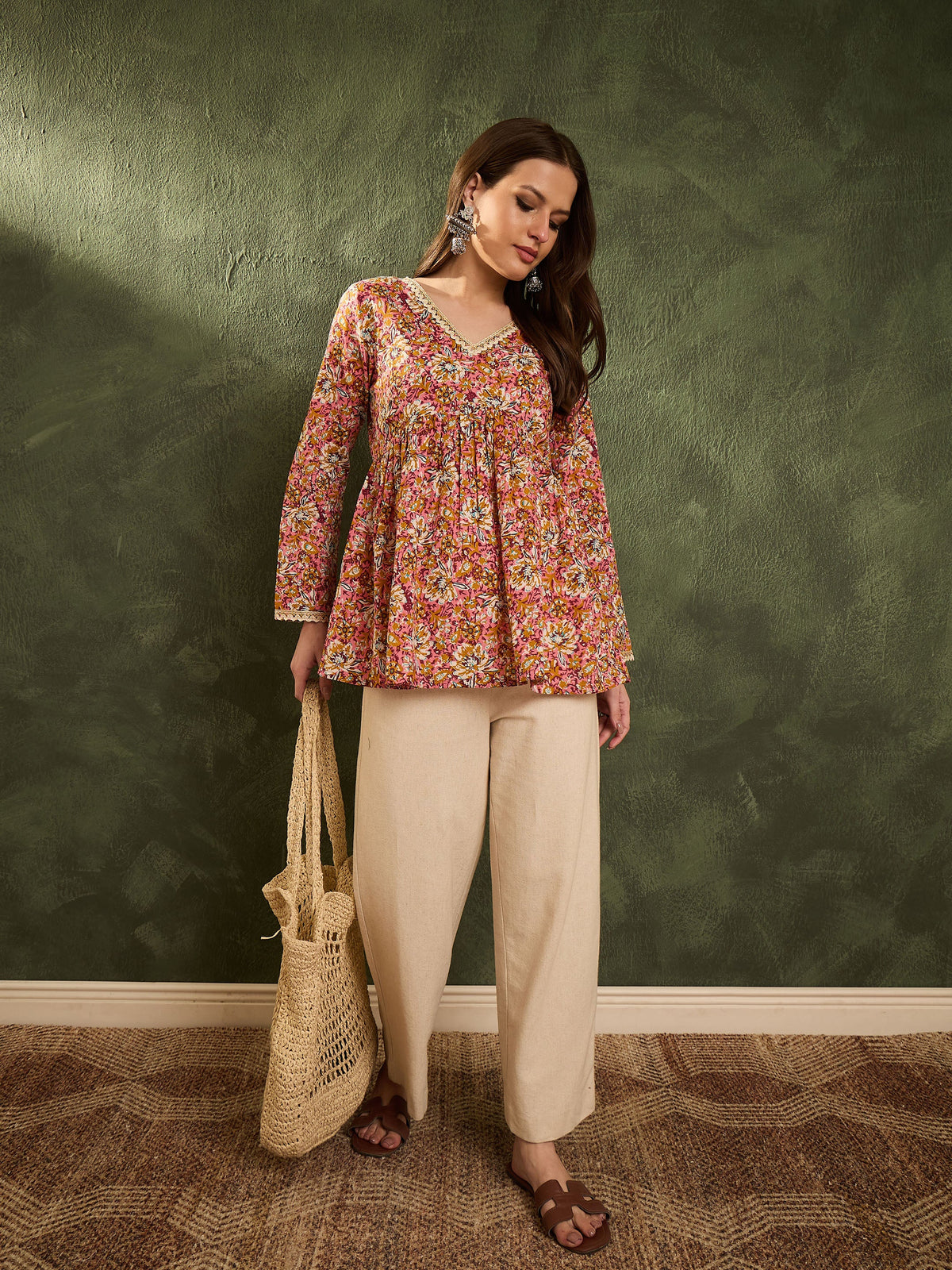 Pink Floral V Neck Full Sleeves Peplum Kurti -Shae by SASSAFRAS