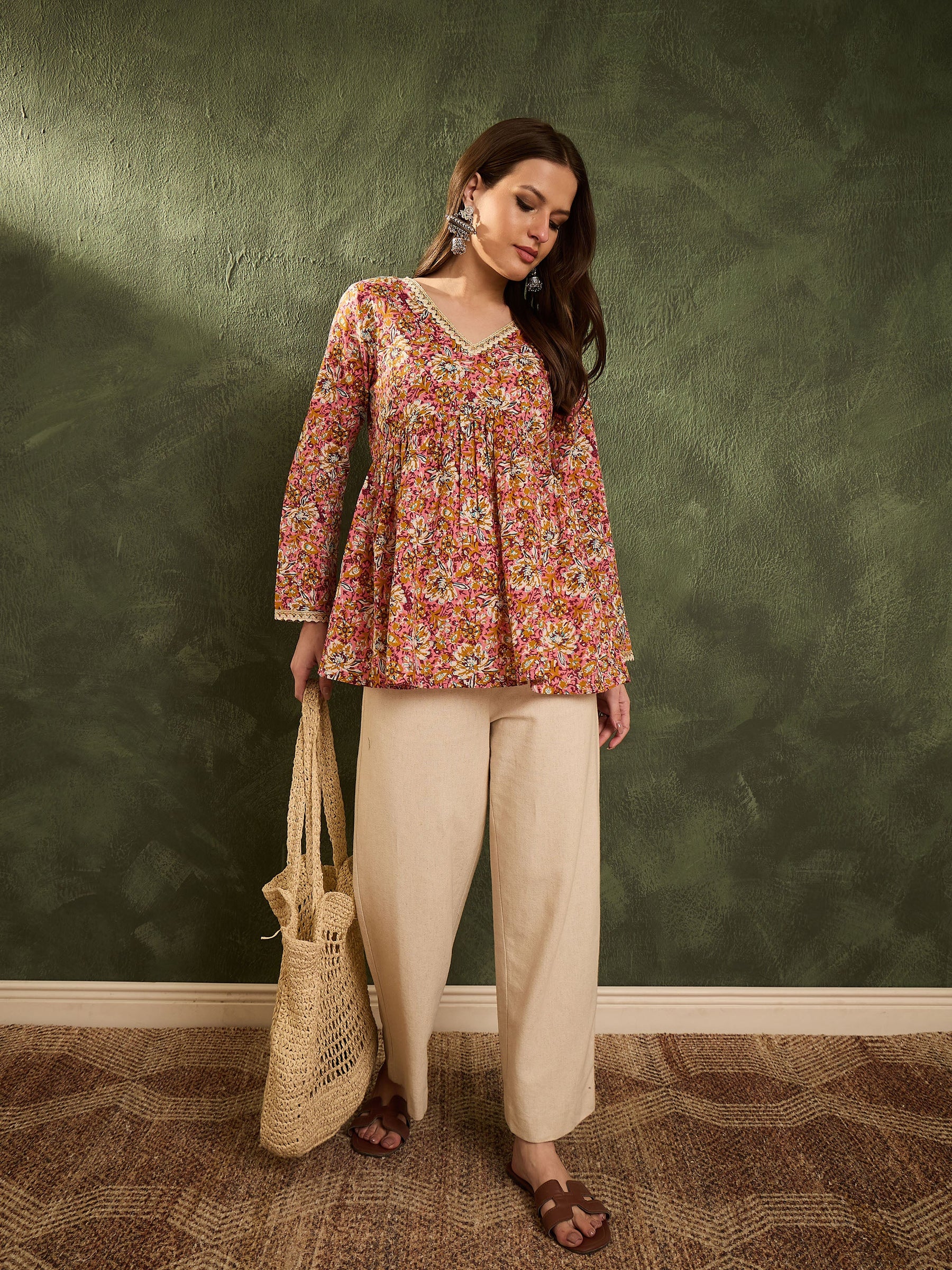 Pink Floral V Neck Full Sleeves Peplum Kurti -Shae by SASSAFRAS