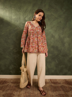 Pink Floral V Neck Full Sleeves Peplum Kurti -Shae by SASSAFRAS