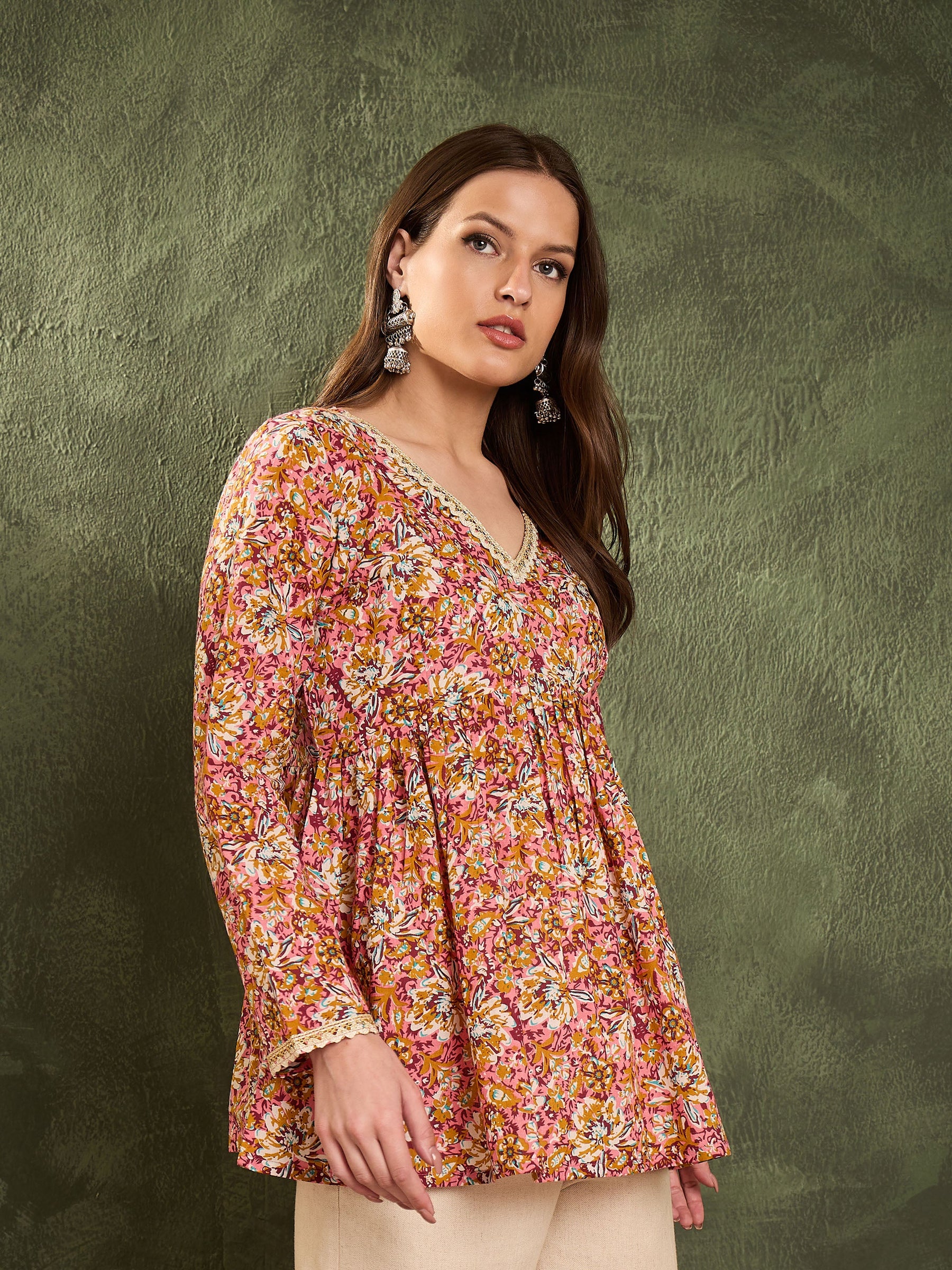 Pink Floral V Neck Full Sleeves Peplum Kurti -Shae by SASSAFRAS