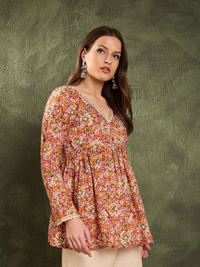 Pink Floral V Neck Full Sleeves Peplum Kurti -Shae by SASSAFRAS