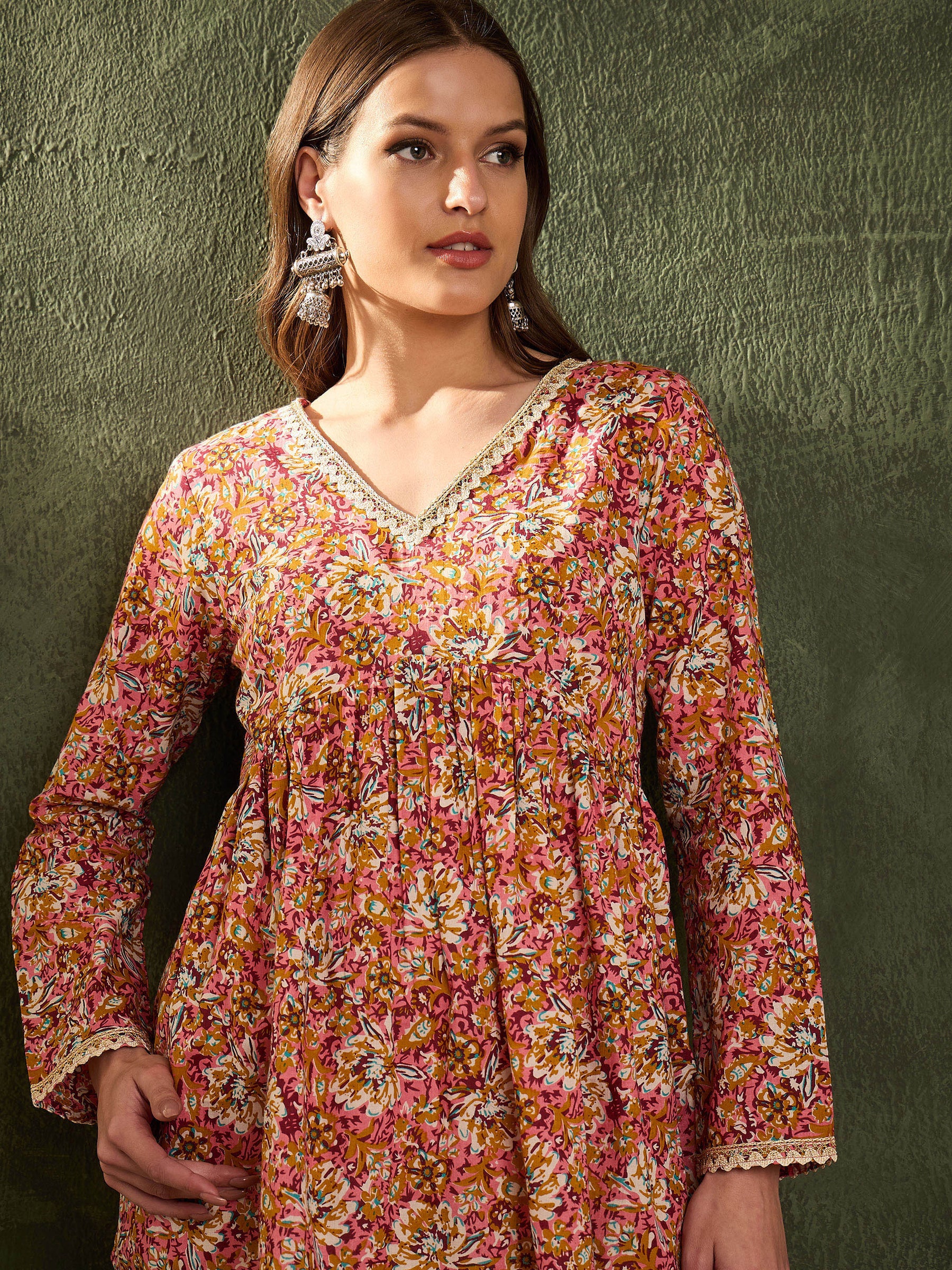 Pink Floral V Neck Full Sleeves Peplum Kurti -Shae by SASSAFRAS