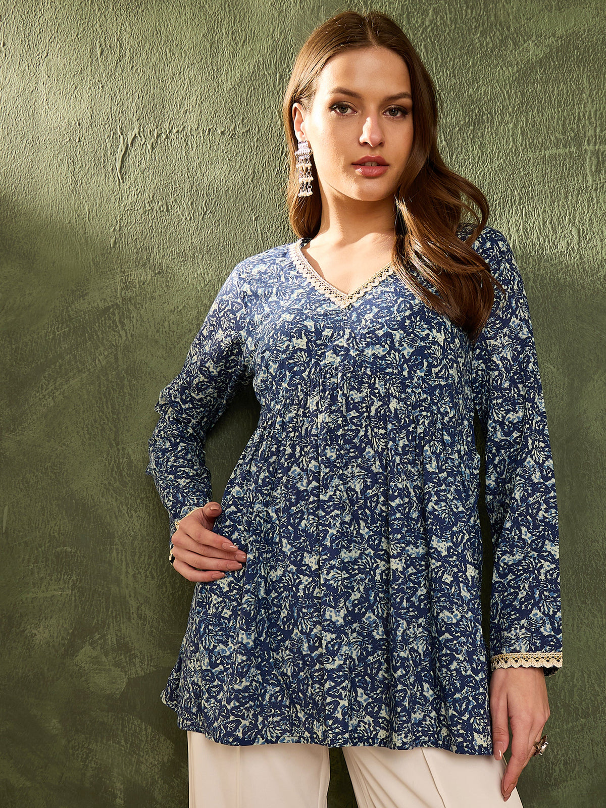 Blue Floral V Neck Full Sleeves Peplum Kurti -Shae by SASSAFRAS
