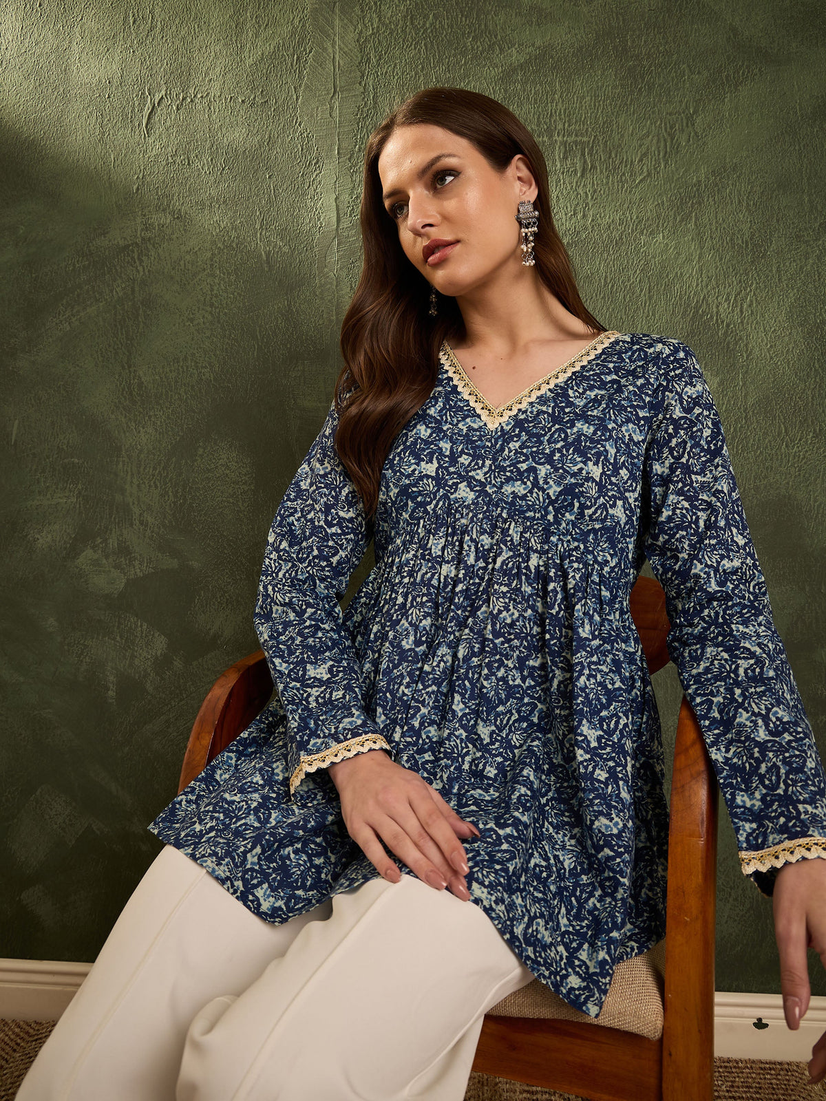Blue Floral V Neck Full Sleeves Peplum Kurti -Shae by SASSAFRAS