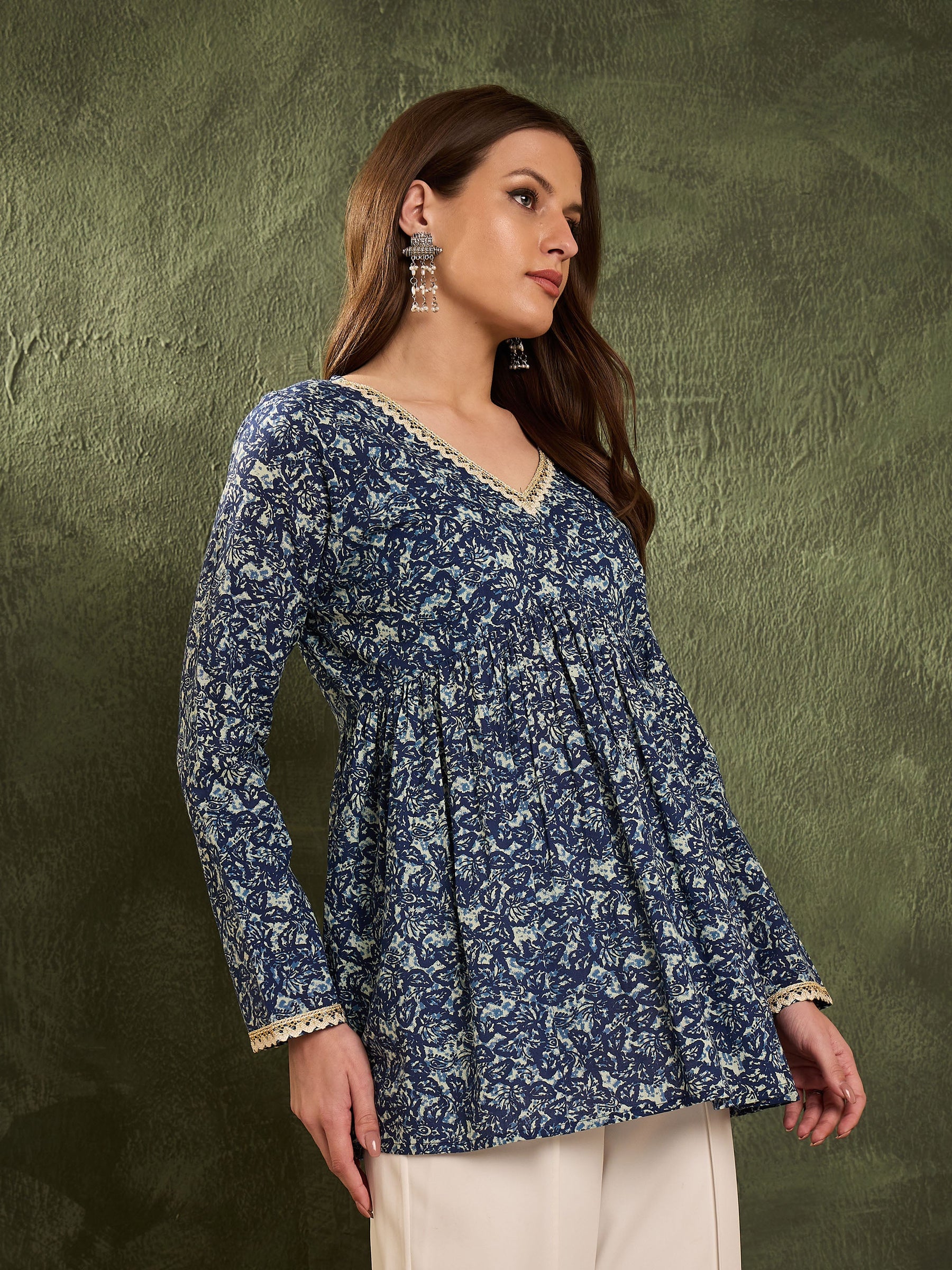 Blue Floral V Neck Full Sleeves Peplum Kurti -Shae by SASSAFRAS