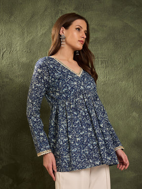 Blue Floral V Neck Full Sleeves Peplum Kurti -Shae by SASSAFRAS