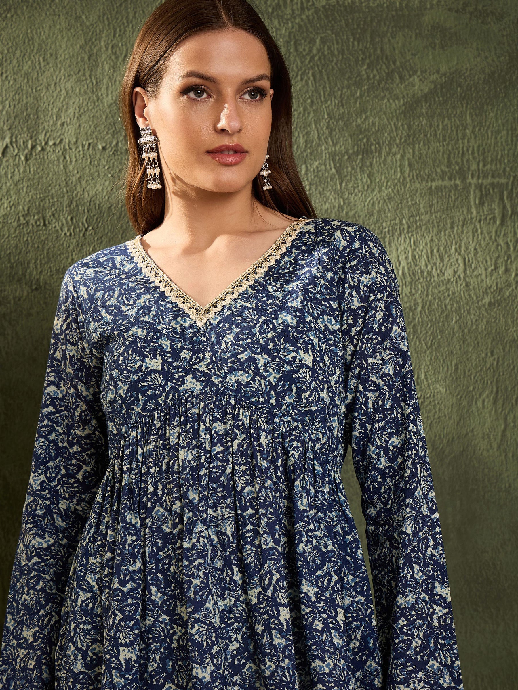Blue Floral V Neck Full Sleeves Peplum Kurti -Shae by SASSAFRAS