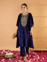 Navy Blue Velvet Embroidered Kaftan Kurta-Shae by SASSAFRAS