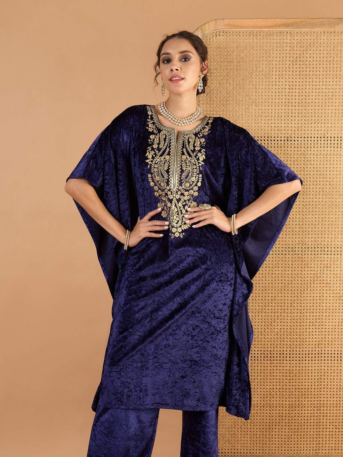 Navy Blue Velvet Embroidered Kaftan Kurta-Shae by SASSAFRAS