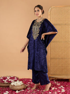 Navy Blue Velvet Embroidered Kaftan Kurta-Shae by SASSAFRAS