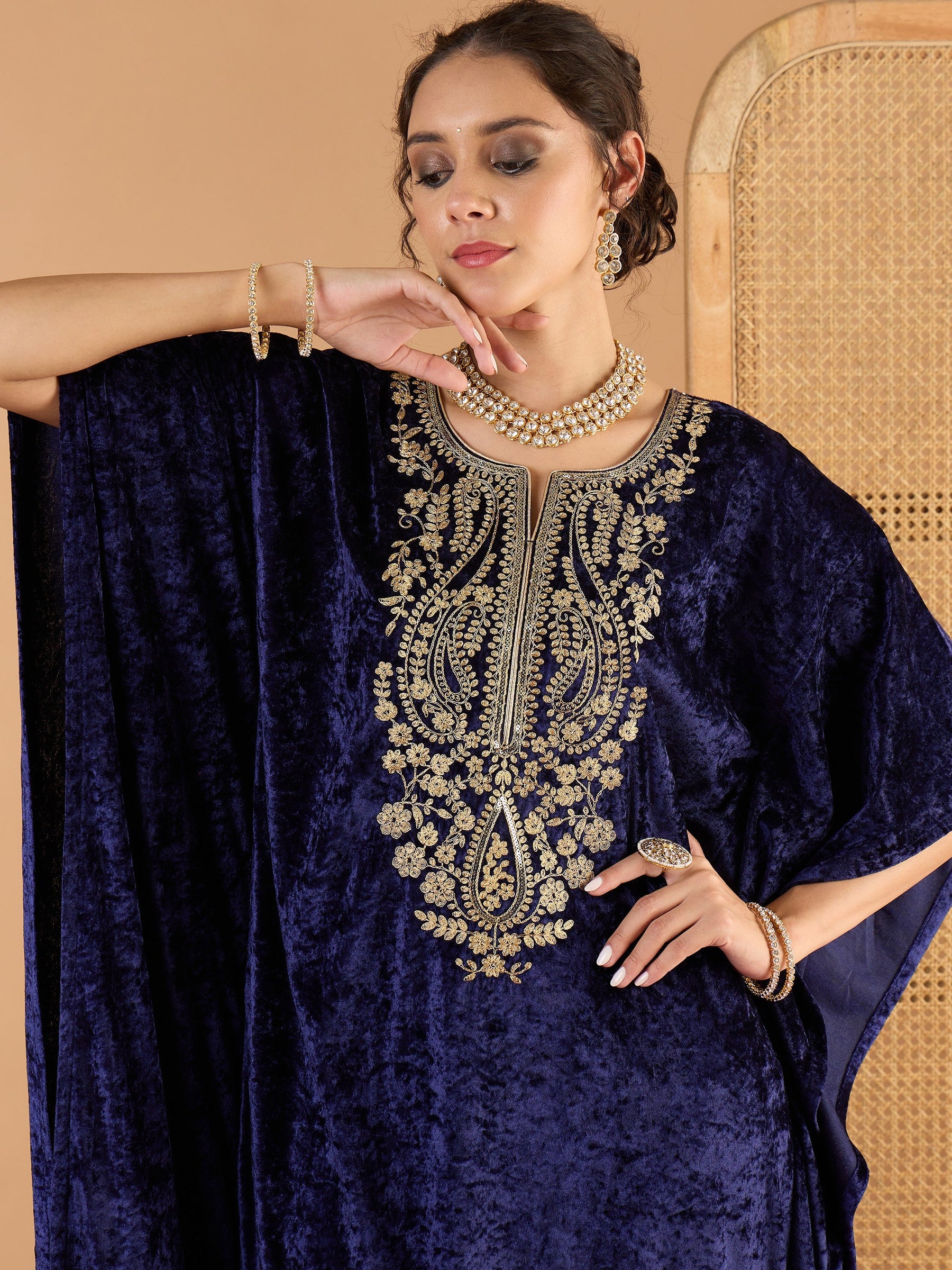 Navy Blue Velvet Embroidered Kaftan Kurta-Shae by SASSAFRAS