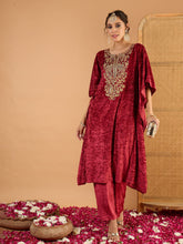 Onion Pink Velvet Embroidered Kaftan Kurta -Shae by SASSAFRAS