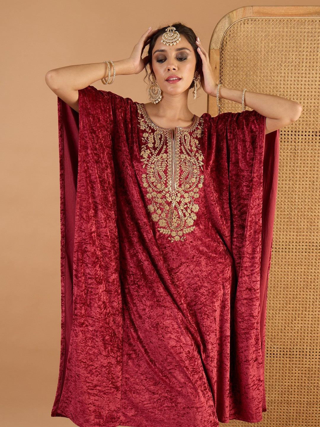 Onion Pink Velvet Embroidered Kaftan Kurta -Shae by SASSAFRAS