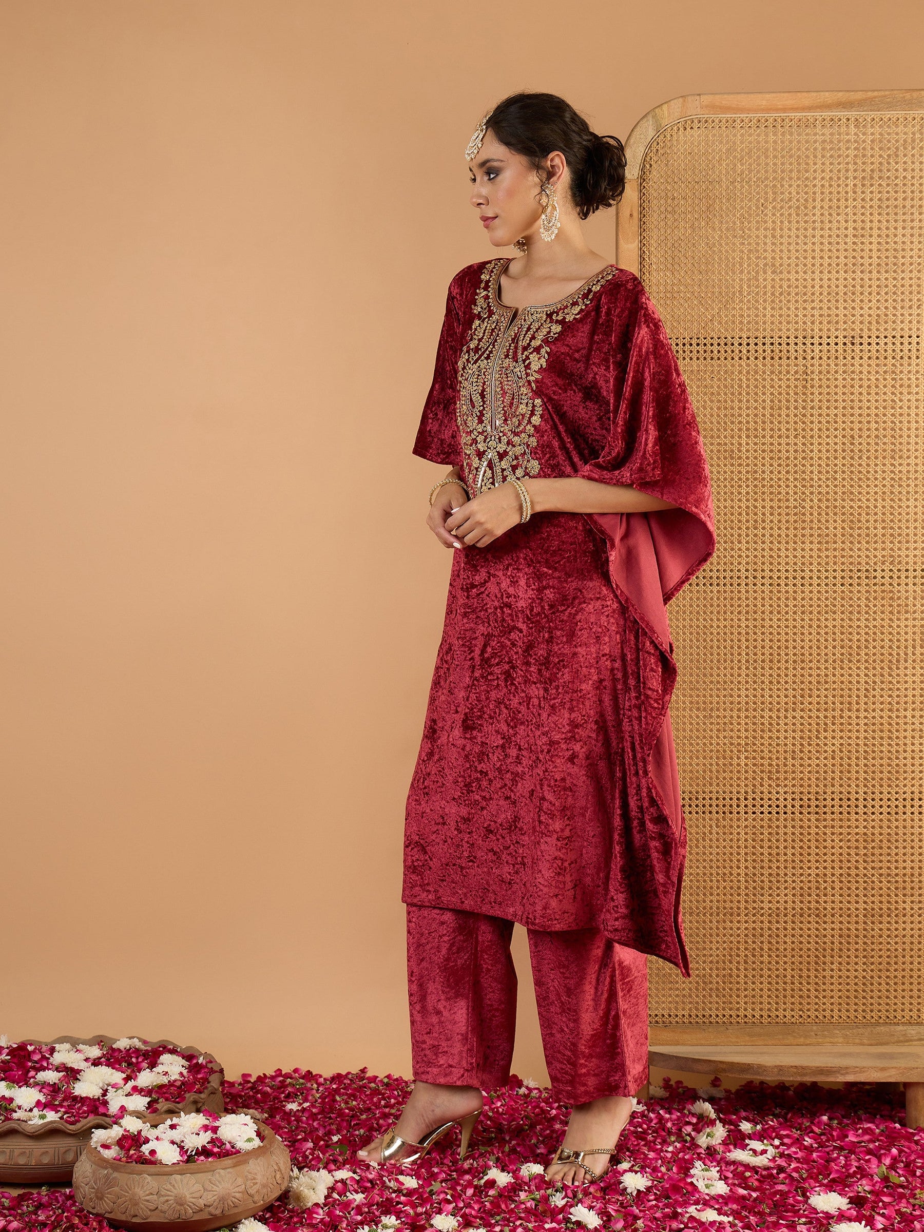 Onion Pink Velvet Embroidered Kaftan Kurta -Shae by SASSAFRAS