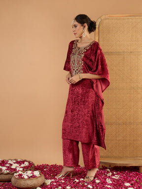 Onion Pink Velvet Embroidered Kaftan Kurta -Shae by SASSAFRAS