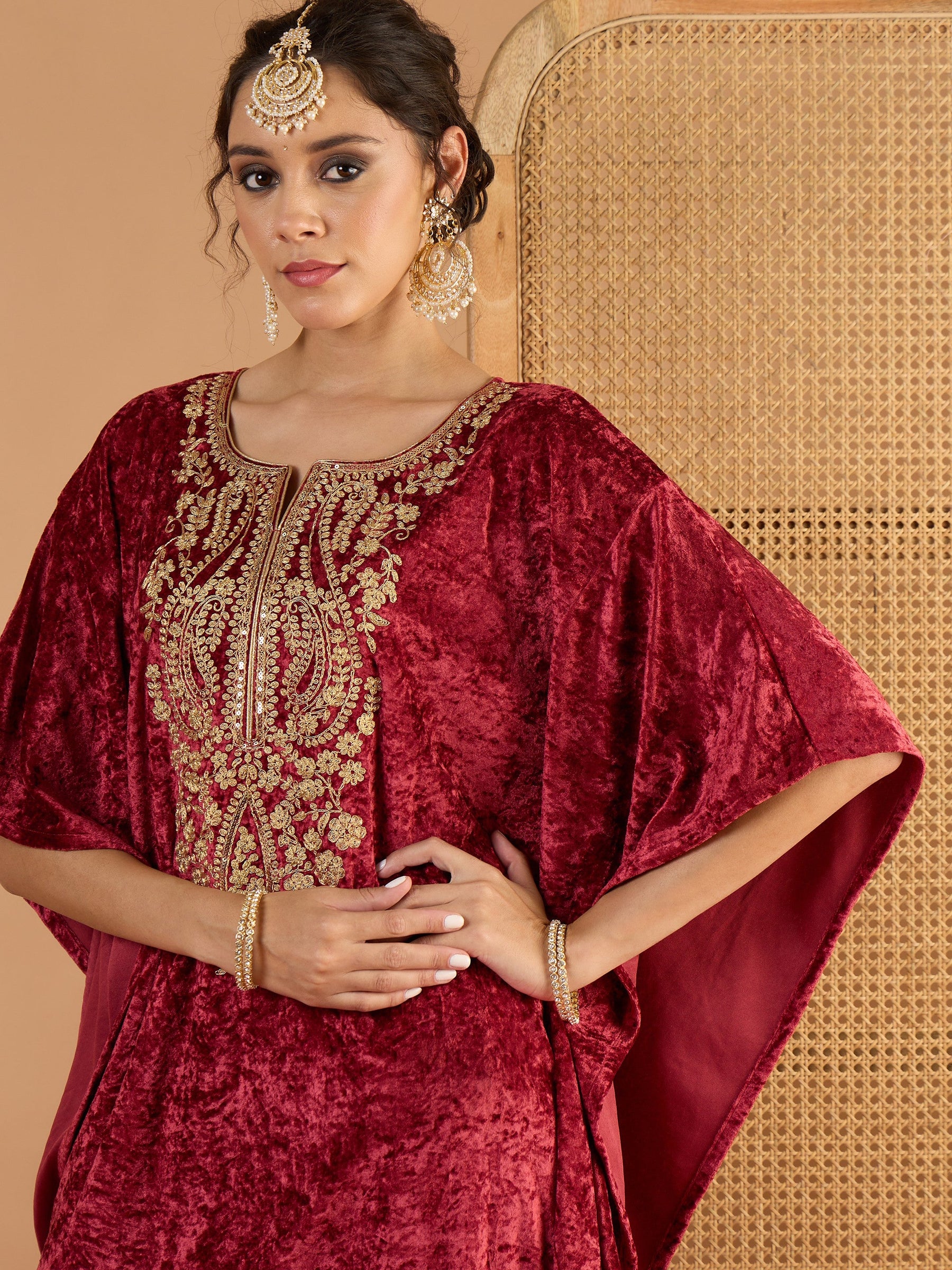 Onion Pink Velvet Embroidered Kaftan Kurta -Shae by SASSAFRAS