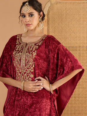 Onion Pink Velvet Embroidered Kaftan Kurta -Shae by SASSAFRAS