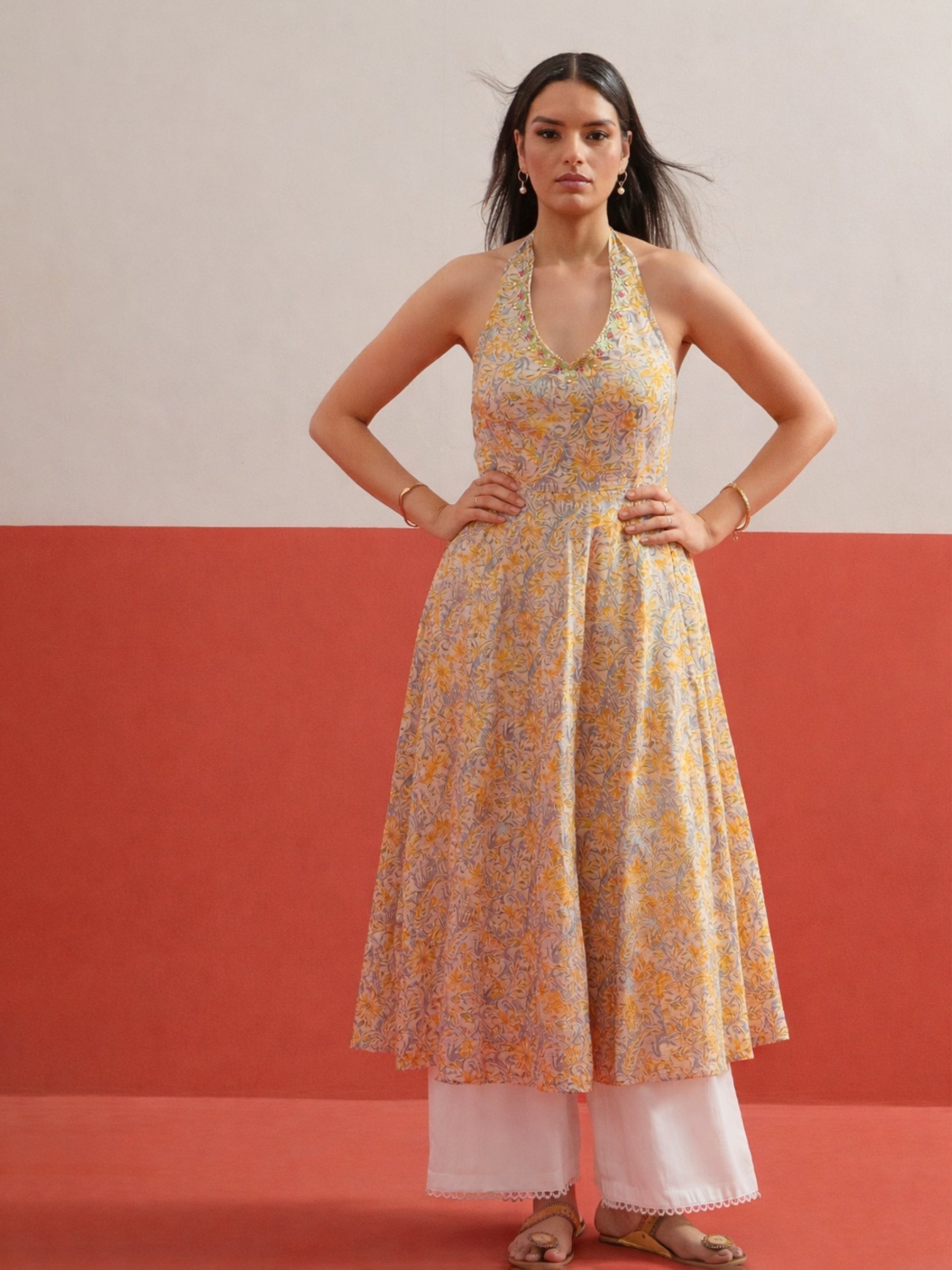 Beige Floral Embroidered Halter Neck Kurta-Shae by SASSAFRAS