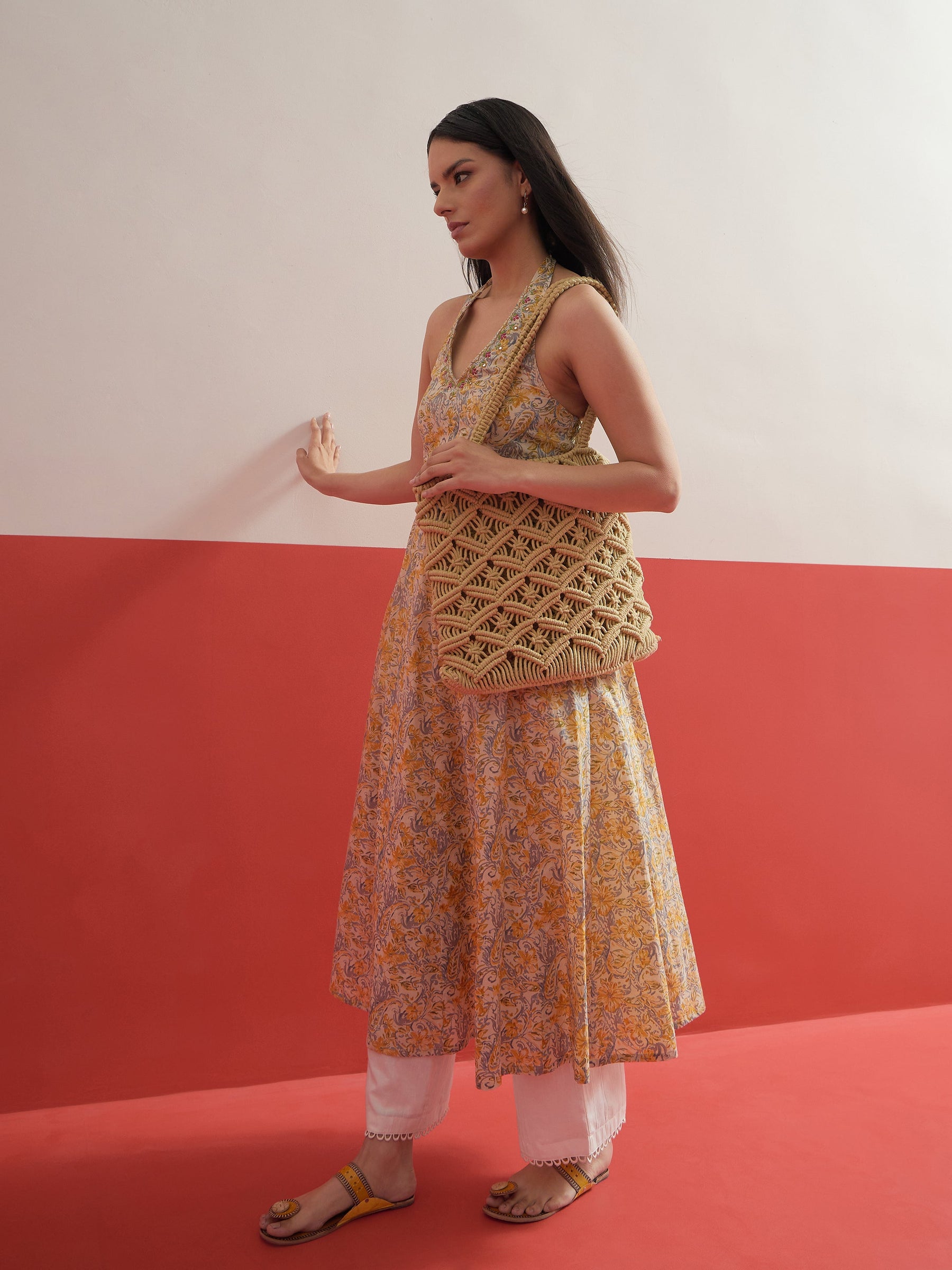 Beige Floral Embroidered Halter Neck Kurta-Shae by SASSAFRAS