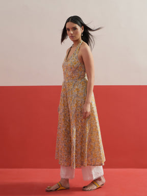 Beige Floral Embroidered Halter Neck Kurta-Shae by SASSAFRAS