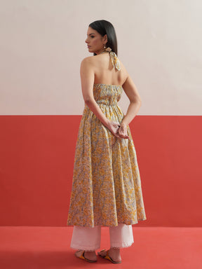 Beige Floral Embroidered Halter Neck Kurta-Shae by SASSAFRAS