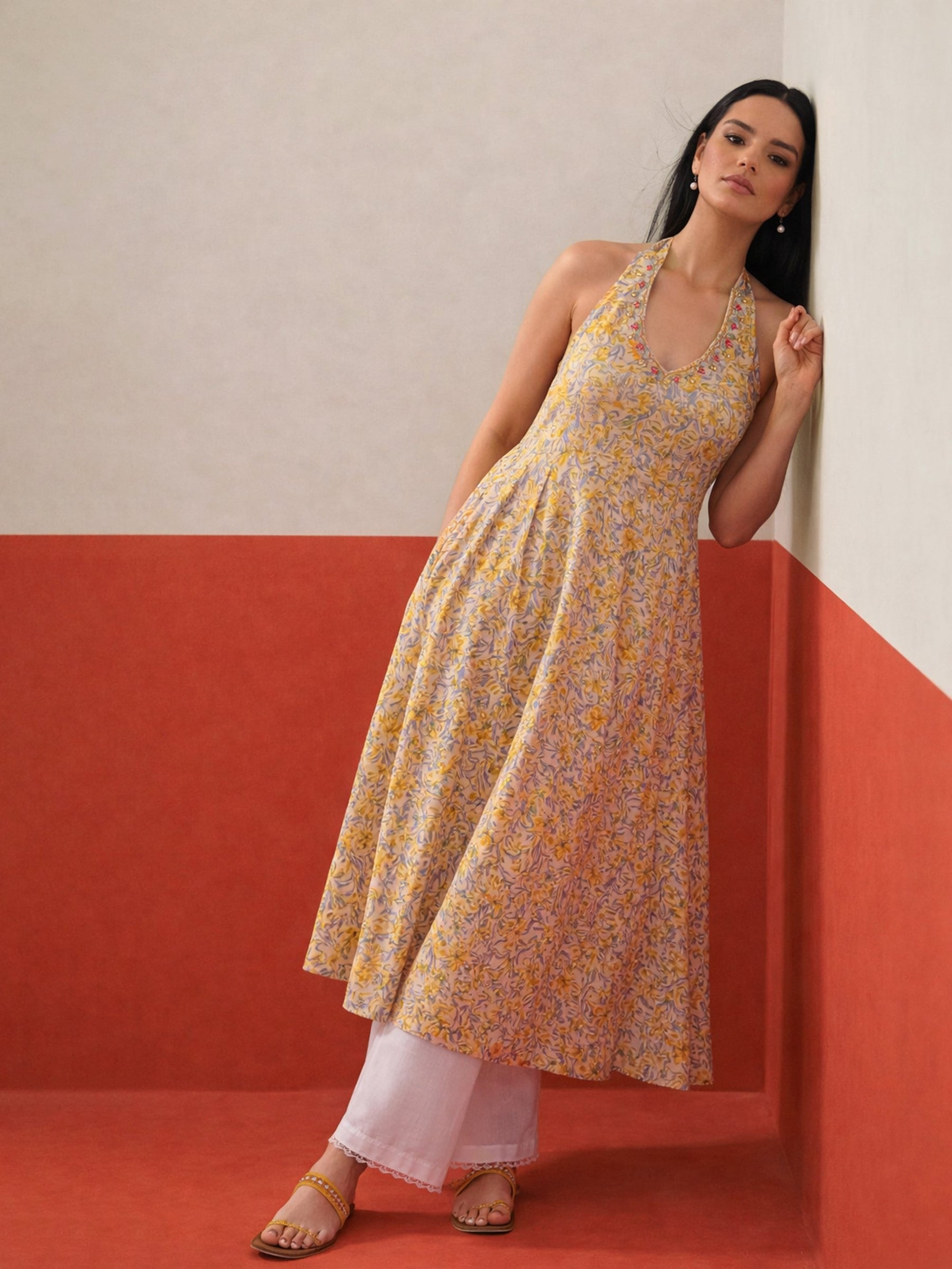Beige Floral Embroidered Halter Neck Kurta With Straight Pant-Shae by SASSAFRAS
